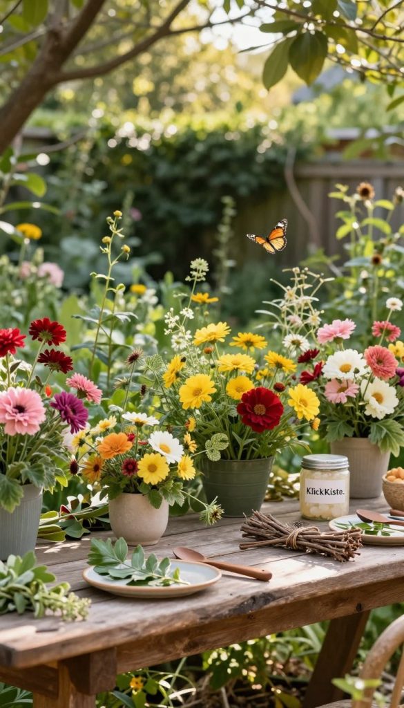 A lush garden scene filled with vibrant, blooming flowers in varying colors—rich reds, bright yellows, and soft pinks. In the foreground, a rustic wooden table adorned with natural DIY decorations, including flower arrangements and hand-crafted items made from twigs and leaves. In the middle ground, the garden is alive with greenery, featuring a mix of flowering plants and herbs, while delicate butterflies flit about. The background showcases a sunlit garden with soft, dappled sunlight filtering through the leaves, creating a warm and inviting atmosphere. The image embodies an inspiring and authentic Pinterest aesthetic, suitable for the brand "KlickKiste." Use natural lighting to capture the warmth and beauty of the setting, enhancing the overall cozy and sustainable vibe.