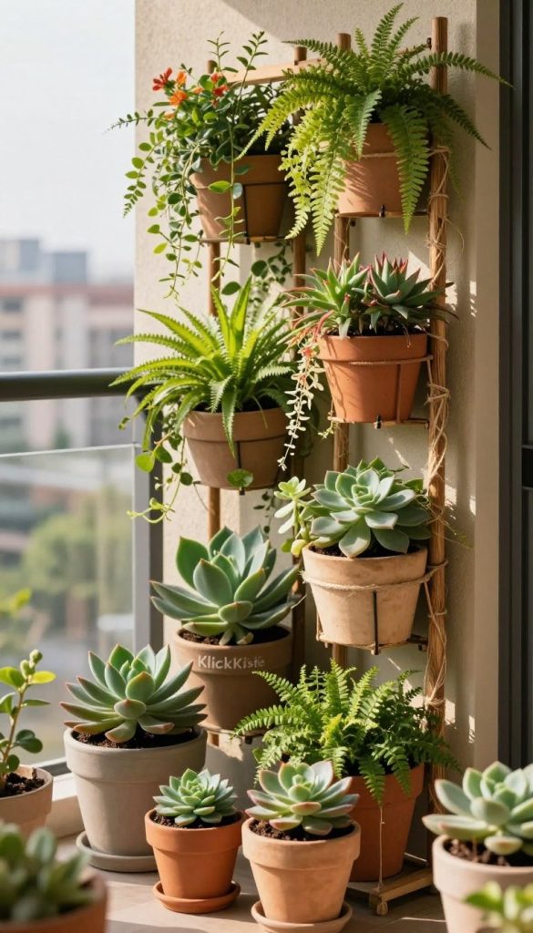 A lush vertical garden on a balcony filled with vibrant, well-spaced plants like succulents, ferns, and flowering vines, showcasing a variety of textures and colors in natural, warm tones. In the foreground, a close-up of a few carefully arranged pots with soil peeking through, highlighting the richness of the ecosystem. The middle ground features the vertical structure holding the plants, made of sustainable materials, entwined with natural twine for support. The background includes a serene cityscape, softly blurred to enhance the intimate garden space. Sunlight filters through the leaves, casting gentle shadows, creating a warm, inviting atmosphere. This image should reflect an inspiring DIY aesthetic, suitable for a modern balcony. Incorporate the brand name "KlickKiste" subtly within the scene.