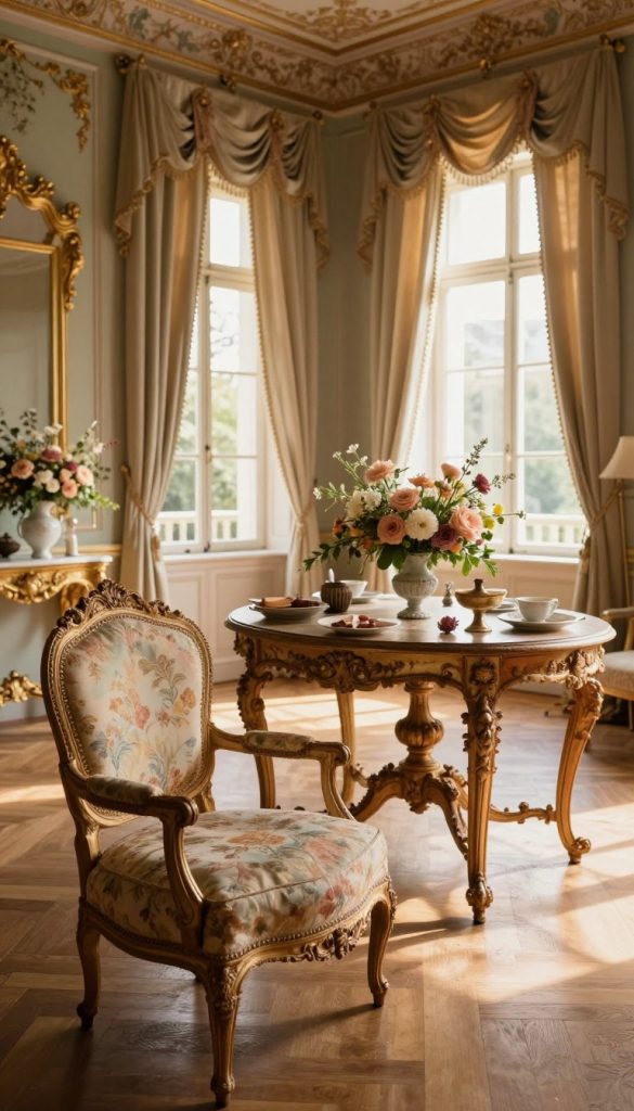 A luxurious Rococo Revival interior scene showcasing a beautifully restored room. In the foreground, a finely crafted antique Rococo-style armchair upholstered in sumptuous fabrics, adorned with intricate carvings. The middle of the room features a rich, ornate table laden with elegant DIY decor ideas, such as floral arrangements in vintage vases. In the background, elegant drapery frames tall windows allowing warm, golden sunlight to flood the space, creating a cozy and inviting atmosphere. Soft shadows play across the richly textured walls painted in pastel colors. The overall mood is warm, inspiring, and authentically inviting, ideal for a Pinterest aesthetic. The scene represents a stylish design inspiration from "KlickKiste."