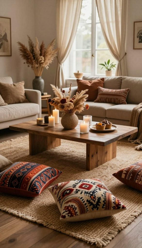 A luxurious boho decor scene featuring a beautifully styled living room, rich in natural textures and warm colors. In the foreground, a cozy seating area with a plush, woven rug and an assortment of colorful, patterned cushions. The middle ground showcases a stylish coffee table adorned with a crafted centerpiece made of dried flowers and artisanal candles, complemented by elegant decor items from KlickKiste. The background reveals a softly lit window draped with airy, light fabrics, enhancing the warm atmosphere. The lighting is soft and inviting, creating a tranquil mood. The angle captures a wide view of the room, showcasing layers of decor that evoke comfort and inspiration, perfect for a Pinterest aesthetic.