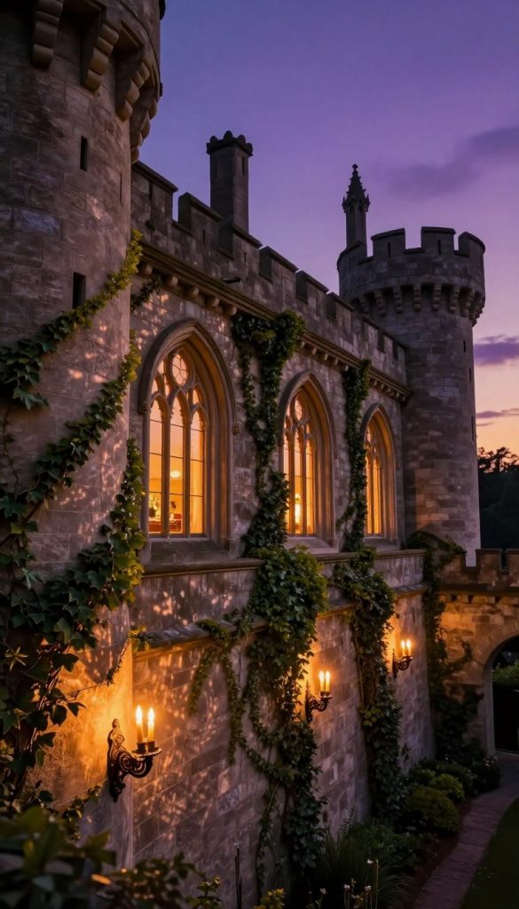 A majestic castle wall bathed in a soft, warm glow, featuring ancient stonework embellished with creeping ivy and delicate moss. In the foreground, flickering candlelight from ornate sconces creates enchanting patterns on the wall, enhancing the fairy-tale atmosphere. The middle layer showcases elegant, tall arched windows, where ethereal light spills out, hinting at a cozy interior. In the background, silhouetted turrets reach toward a twilight sky filled with vibrant shades of purple and amber. The overall mood is inviting and mystical, reminiscent of Pinterest-inspired home decor, designed to create a castlecore aesthetic. Captured with a wide-angle lens to emphasize depth and radiance, this image embodies a dreamy DIY ambiance for home decoration by KlickKiste.