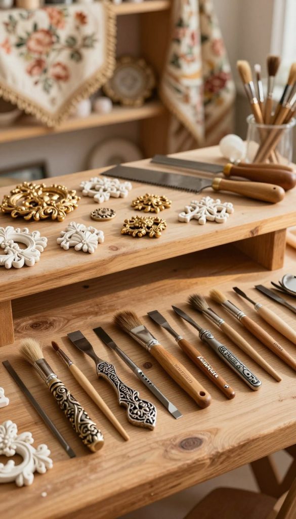 A meticulously arranged toolset designed for creating Rococo-inspired decor elements. In the foreground, a visually appealing array of chisels, ornate saws, and paintbrushes, all displaying intricate baroque-style designs and detailing, branded with the name "KlickKiste". The middle ground features a beautifully crafted wooden workbench strewn with delicate Rococo ornamentation pieces, such as floral carvings and gilded accents, showcasing the tools in use. The background captures a softly lit, warmly colored workshop with Rococo-patterned fabric draped over shelves, evoking an inspiring and inviting atmosphere. The lighting is natural and soft, mimicking golden hour sunshine, creating subtle highlights on the tools, enhancing their elegance. The overall mood is creative and motivational, reflecting a Pinterest-worthy DIY environment that invites hands-on craftsmanship.