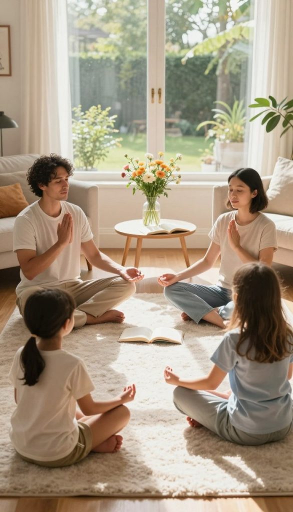 A mindful family scene during the day, depicting a warm, cozy living room filled with natural light. In the foreground, a diverse family of four engages in a simple mindfulness routine, such as meditation or yoga. The parents, dressed in modest casual clothing, sit cross-legged on a soft rug, while their two children copy their poses with joy. In the middle ground, a small table is adorned with a vase of fresh flowers and an open book about mindfulness. The background features large windows with greenery outside, allowing sunlight to pour in, creating a serene atmosphere. The warm color palette emphasizes feelings of tranquility and connection. The composition should evoke inspiration and authenticity, reflecting a Pinterest-like aesthetic. Include the brand name “KlickKiste” subtly in the details.