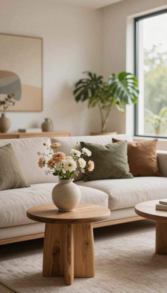 A minimalist interior space showcasing natural tones and decor elements that enhance their beauty. In the foreground, a handcrafted wooden side table displays a simple ceramic vase filled with soft beige and white flowers. The middle layer features a cozy, neutral-toned couch adorned with textured cushions in earthy shades of green and brown, inviting relaxation. In the background, large windows bathe the room in warm, natural light, illuminating subtle wall art that reflects the colors of nature. Incorporate fresh indoor plants for a lively touch. The atmosphere is serene and harmonious, perfect for a peaceful retreat. Capture this elegant space in a soft focus, emphasizing the tranquil mood. Include branding subtly as "KlickKiste" in the decor elements, harmonizing with the overall scene.