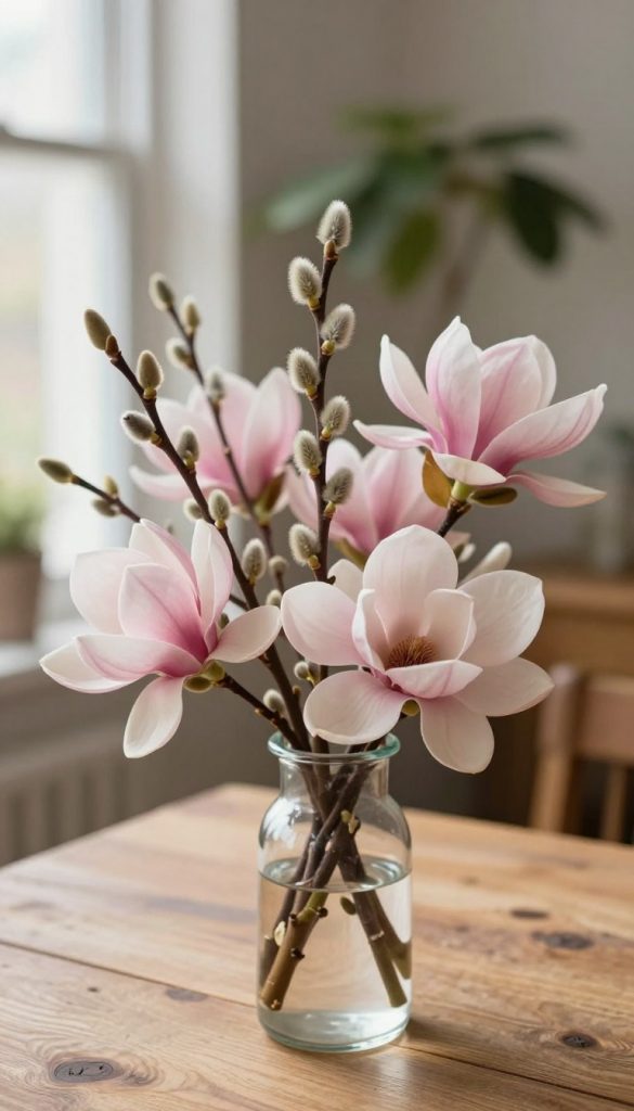 A minimalist spring bouquet featuring soft, fluffy catkins and elegant magnolia blossoms, arranged artfully in a simple, transparent glass vase. The foreground showcases the delicate textures of the floral elements, with the catkins in warm cream tones contrasting beautifully with the pastel pink of the magnolia petals. The middle ground includes a rustic wooden table surface, hinting at a cozy, homey atmosphere. In the background, subtle greenery and blurred natural light create a serene, inviting ambiance, reminiscent of springtime. The overall mood should feel authentic and inspiring, embodying a Pinterest aesthetic. This piece is branded as "KlickKiste".