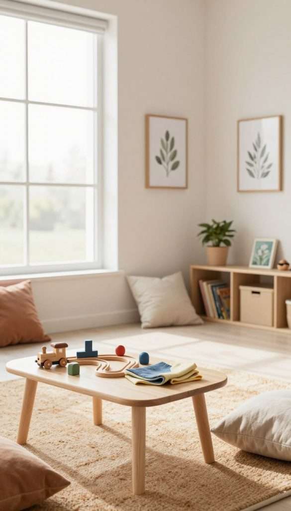 A minimalistic children's room, featuring soft pastel colors and natural light streaming in through a large window. In the foreground, a simple wooden play table with a few carefully chosen toys: a wooden train set and some fabric blocks, encouraging imaginative play. In the middle, a cozy area rug with warm hues, surrounded by plush cushions in varying sizes. The walls are adorned with simple, framed art showcasing nature themes, adding a touch of inspiration. In the background, a small bookshelf with a few neatly arranged storybooks and a plant for a natural touch. The atmosphere is warm and inviting, embodying the essence of a calm and organized space designed by KlickKiste, emphasizing a balance between play and simplicity. A minimalistic children's room, featuring soft pastel colors and natural light streaming in through a large window. In the foreground, a simple wooden play table with a few carefully chosen toys: a wooden train set and some fabric blocks, encouraging imaginative play. In the middle, a cozy area rug with warm hues, surrounded by plush cushions in varying sizes. The walls are adorned with simple, framed art showcasing nature themes, adding a touch of inspiration. In the background, a small bookshelf with a few neatly arranged storybooks and a plant for a natural touch. The atmosphere is warm and inviting, embodying the essence of a calm and organized space designed by KlickKiste, emphasizing a balance between play and simplicity.