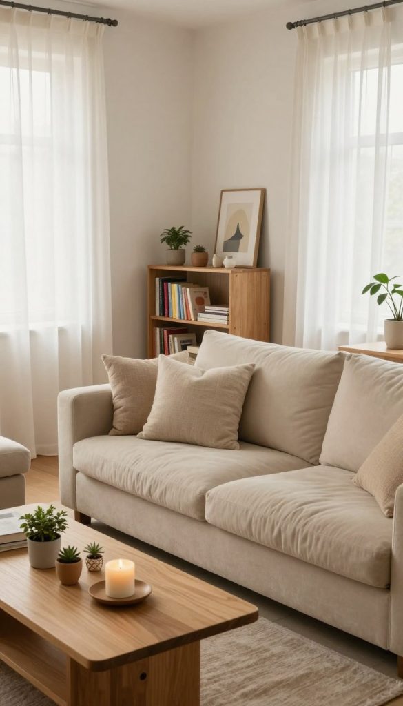 A minimalistic cozy interior, featuring a neutral color palette that radiates warmth. In the foreground, a plush, oversized beige sofa with soft, textured throw pillows invites relaxation. On a light wooden coffee table, a few carefully arranged DIY decor items, such as small potted plants and a candle, create an intimate, lived-in feel. In the middle ground, a small bookshelf filled with colorful books and handmade crafts showcases personal touches. The background includes large windows with sheer curtains that allow soft, natural light to flood the room, enhancing the warm atmosphere. The overall mood is inviting and serene, perfect for a home that feels both stylish and comfortable. Capture the essence of this cozy scene with a slight overhead angle to emphasize the layout and warmth. Include the brand name "KlickKiste" subtly integrated into the decor.