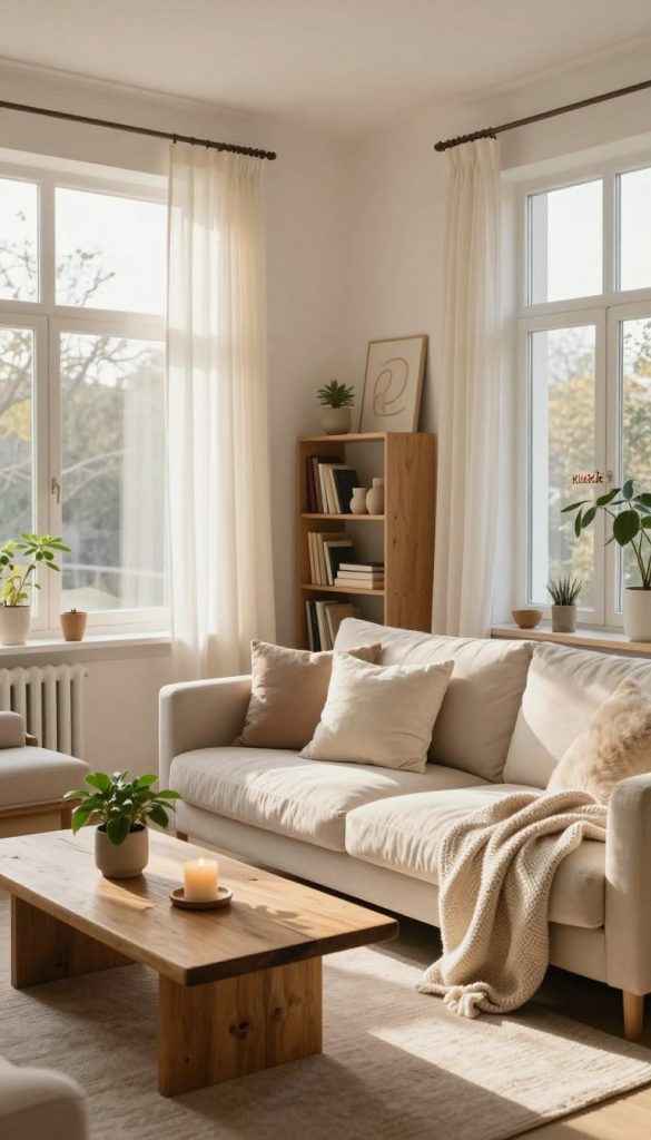 A minimalistic cozy interior living space bathed in warm, natural light filtering through large windows. In the foreground, a softly textured light-colored sofa adorned with fluffy throw pillows and a knitted blanket. On a rustic wooden coffee table, a small potted plant and a lit candle add warmth. In the middle ground, a minimalist bookshelf filled with neatly arranged decor and books, showcasing DIY projects made with sustainable materials. The background features delicate sheer curtains that softly diffuse sunlight, enhancing the airy feel. The overall atmosphere is inviting and serene, with a Pinterest-worthy aesthetic that inspires creativity and authenticity, reflecting the concept of leveraging natural light. Captured with a warm color palette, using a wide-angle lens to emphasize space and tranquility, embodying the spirit of "KlickKiste."