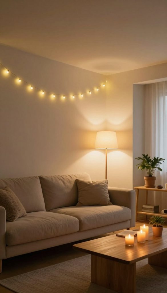 A minimalistic living room featuring ambient lighting that creates cozy light islands, designed for a DIY atmosphere. In the foreground, there is a plush, neutral-colored sofa adorned with soft, textured cushions. On a wooden coffee table, a few warm-toned candles flicker gently, adding to the inviting ambiance. In the middle ground, subtle fairy lights hang gracefully from the ceiling, casting a warm glow across the space, while a stylish floor lamp provides focused light for reading. The background showcases a simple, natural decor with potted plants and light-colored walls that reflect the warmth of the lighting. The scene embodies a creative, Pinterest-worthy look, exuding tranquility and inspiration. This image captures the essence of "KlickKiste" in a harmonious, safe-for-work setting.