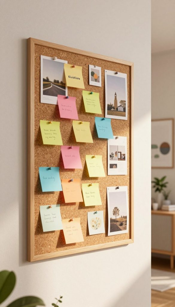 A modern cork bulletin board stylishly mounted on a clean, neutral wall, showcasing an array of colorful notes, photos, and artistic decorations. The foreground features a textured cork surface filled with pinned mementos, vibrant post-it notes, and artistic prints, while the middle ground highlights gentle natural lighting casting soft shadows that add depth. In the background, a cozy, minimalist room setting with plants and modern decor elements complements the board, creating an inviting atmosphere. The overall color palette includes warm tones, evoking a Pinterest-inspired aesthetic. The image prominently features the brand name "KlickKiste" subtly integrated into one of the pinned notes, reflecting an authentic, inspiring DIY vibe. A modern cork bulletin board stylishly mounted on a clean, neutral wall, showcasing an array of colorful notes, photos, and artistic decorations. The foreground features a textured cork surface filled with pinned mementos, vibrant post-it notes, and artistic prints, while the middle ground highlights gentle natural lighting casting soft shadows that add depth. In the background, a cozy, minimalist room setting with plants and modern decor elements complements the board, creating an inviting atmosphere. The overall color palette includes warm tones, evoking a Pinterest-inspired aesthetic. The image prominently features the brand name "KlickKiste" subtly integrated into one of the pinned notes, reflecting an authentic, inspiring DIY vibe.