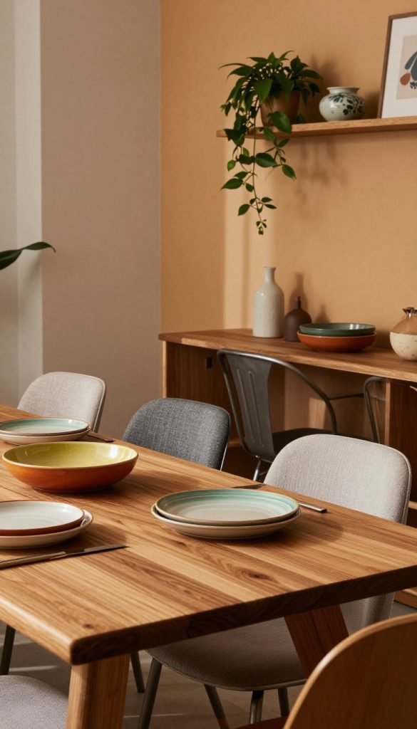 A modern dining room showcasing a blend of colors, materials, and textures that evoke warmth and creativity. In the foreground, a beautifully set wooden dining table with natural grain is adorned with vibrant ceramic dishes in earthy tones. The middle ground features stylish chairs crafted from mixed materials, including soft fabric and polished metal. The background displays a wall painted in warm hues, accented with wooden shelves holding green plants and decorative objects. Soft, diffused lighting enhances the cozy atmosphere, casting gentle shadows that create depth. The scene embodies an authentic, inspirational Pinterest aesthetic. Include subtle branding elements of "KlickKiste" through decor items, enhancing the image's appeal without compromising the modern, inviting ambiance.