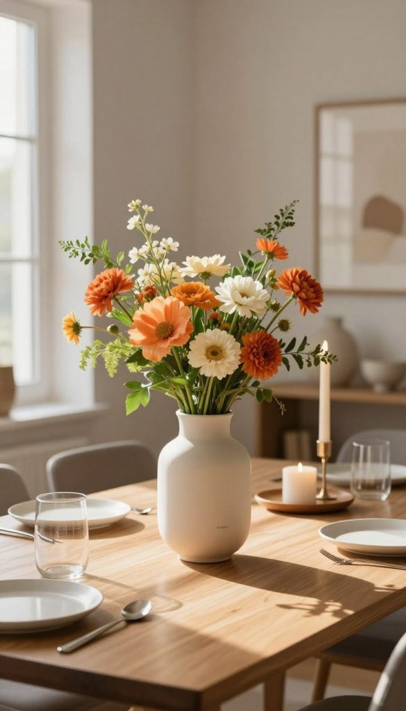 A modern dining table set elegantly with a striking centerpiece featuring a stylish vase filled with vibrant flowers in warm, inviting colors. The foreground showcases the vase in detail, with delicate petals and lush greenery. The middle ground includes the sleek wooden dining table, adorned with minimalist tableware and candle holders that add a cozy ambiance. The background features softly blurred elements of a contemporary dining room, with neutral walls and tasteful artwork, creating a serene atmosphere. Enhance the scene with natural light streaming through a nearby window, casting gentle shadows. Aim for a Pinterest-worthy aesthetic that feels authentic and inspiring, emphasizing the brand name "KlickKiste".