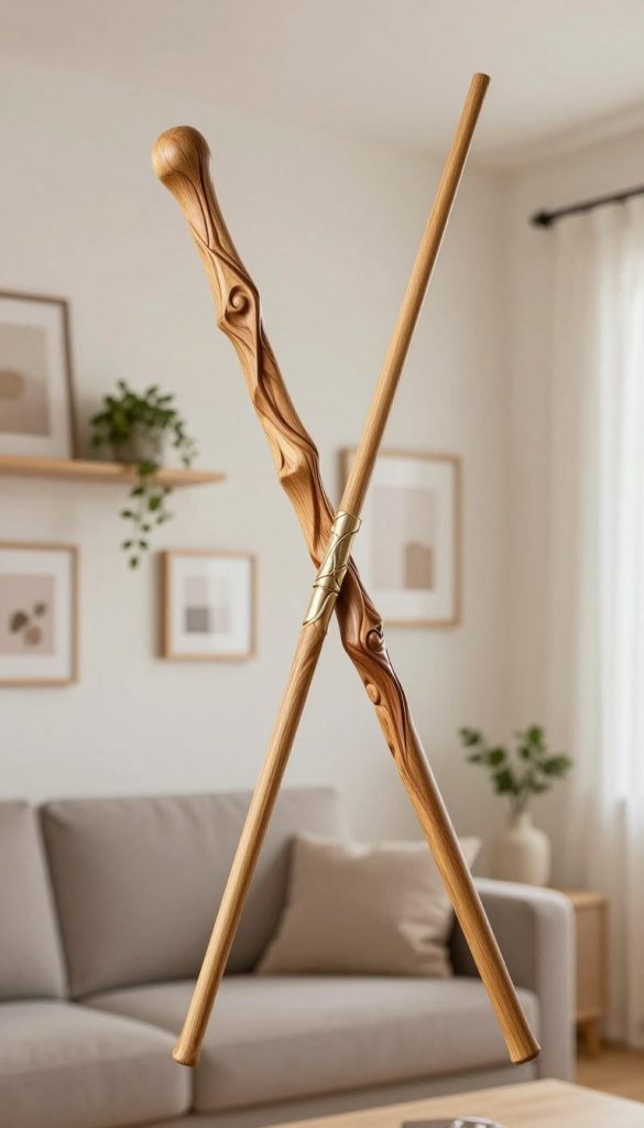 A modern, elegant wand displayed prominently in the foreground, crafted from natural wood with intricate carvings, showcasing warm tones. The wand is adorned with a subtle touch of metallic accents, reflecting soft light. In the middle ground, a stylish living room wall is decorated with minimalist decor—shelves holding plants and framed art, emphasizing a clean and cozy atmosphere. The background features gentle lighting from a nearby window, casting a soft glow throughout the space. This setting evokes a sense of inspiration and authenticity, perfect for DIY enthusiasts. The brand name “KlickKiste” can be subtly integrated into the decor elements, reinforcing a warm, Pinterest-worthy aesthetic without overpowering the main subject. A modern, elegant wand displayed prominently in the foreground, crafted from natural wood with intricate carvings, showcasing warm tones. The wand is adorned with a subtle touch of metallic accents, reflecting soft light. In the middle ground, a stylish living room wall is decorated with minimalist decor—shelves holding plants and framed art, emphasizing a clean and cozy atmosphere. The background features gentle lighting from a nearby window, casting a soft glow throughout the space. This setting evokes a sense of inspiration and authenticity, perfect for DIY enthusiasts. The brand name “KlickKiste” can be subtly integrated into the decor elements, reinforcing a warm, Pinterest-worthy aesthetic without overpowering the main subject.