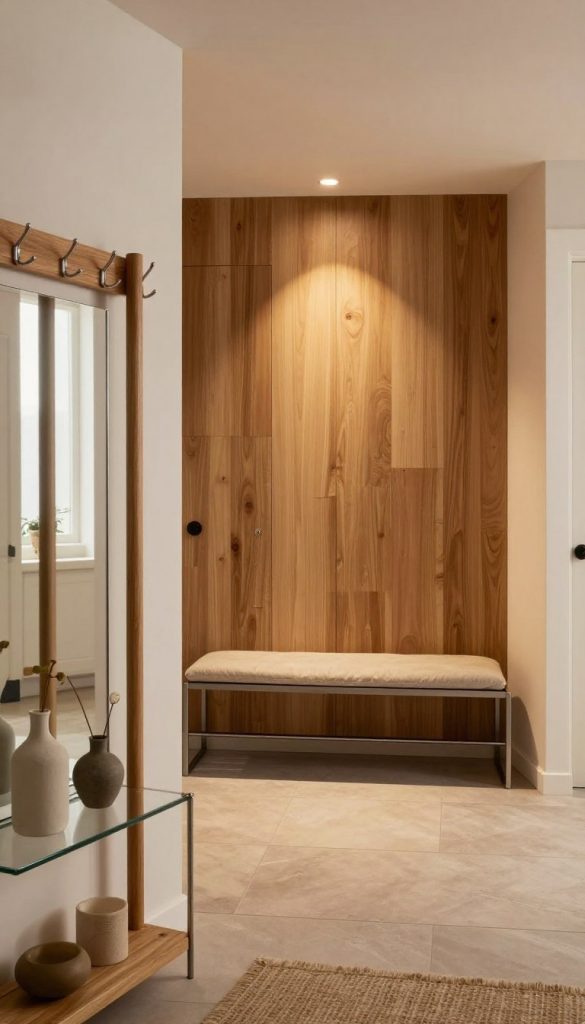 A modern entryway featuring a harmonious mix of wood, metal, and glass elements, emphasizing a cozy yet stylish ambiance. In the foreground, showcase a wooden coat rack with metal hooks and a glass shelf displaying decorative items. The middle layer includes a sleek metal bench with plush cushions, set against a backdrop of textured wood paneling. Soft, warm lighting illuminates the scene, enhancing inviting tones and casting gentle shadows. Use a wide-angle lens to capture the entire space, conveying a fresh Pinterest-inspired DIY aesthetic. The atmosphere should feel authentic and inspiring, embodying the essence of the brand "KlickKiste" with a modern touch that is not cold or sterile.