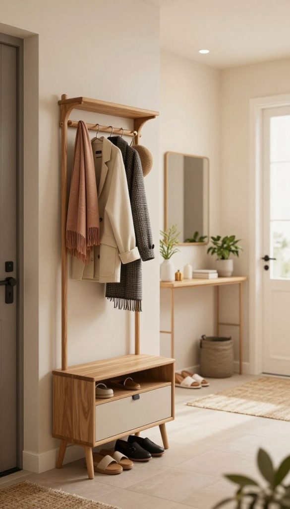 A modern entryway featuring stylish wardrobe ideas for narrow hallways, designed by KlickKiste. In the foreground, showcase a chic, compact coat rack made of natural wood, adorned with neatly hung jackets and scarves. Beside it, a sleek shoe storage unit with a minimalist design. In the middle ground, a narrow console table with decorative elements such as plants and a mirror, enhancing functionality while promoting an inviting atmosphere. The background depicts a softly lit hallway with warm, inviting colors, emphasizing a Pinterest-inspired aesthetic. Use natural lighting to create a cozy and authentic feel, with a focus on practical yet stylish solutions for small spaces. The mood should be inspiring and welcoming, inviting viewers to envision their own stylish implementations.
