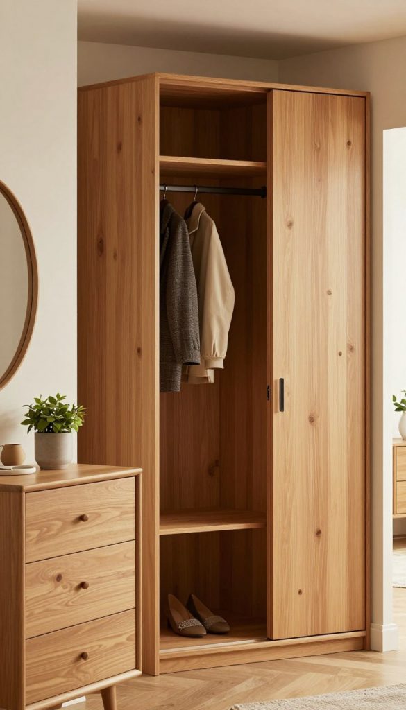 A modern garderobe featuring a stylish, spacious wooden wardrobe and a sleek dresser by KlickKiste, arranged elegantly in a well-lit, cozy entryway. The wardrobe has minimalist design with smooth lines and a warm wood finish, while the dresser complements it with matching tones, adorned with a few tasteful decorative items like a small potted plant and a stylish mirror. In the foreground, soft lighting enhances the natural textures of the wood. The middle ground focuses on the organized space with neatly hung jackets and accessories tucked away behind closed doors. The background showcases a hint of a welcoming entrance, creating an inviting atmosphere. The overall mood is warm, inspiring, and perfect for a DIY aesthetic, reminiscent of a Pinterest-inspired interior.
