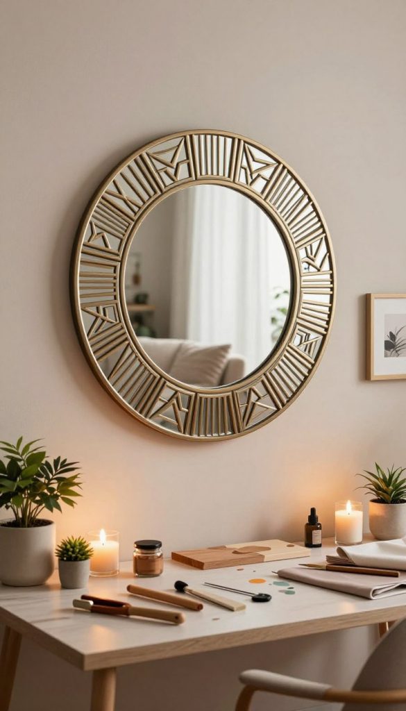 A modern home decor scene featuring a beautifully designed mirror decoration, inspired by DIY concepts. In the foreground, showcase a stylish round mirror with an intricate geometric pattern, surrounded by natural elements like small potted plants and warm-toned candles to evoke a cozy atmosphere. The middle ground features a DIY workspace with elegant tools and materials laid out, including wood, paint, and fabric, hinting at the creative process. The background displays a softly lit living room with neutral walls, a plush sofa, and tasteful artwork that complements the mirror's aesthetic. The overall lighting is warm and inviting, reminiscent of Pinterest inspiration, creating an authentic and inspiring mood. The brand name "KlickKiste" subtly incorporated into a small wall decoration enhances the theme without overwhelming the scene.