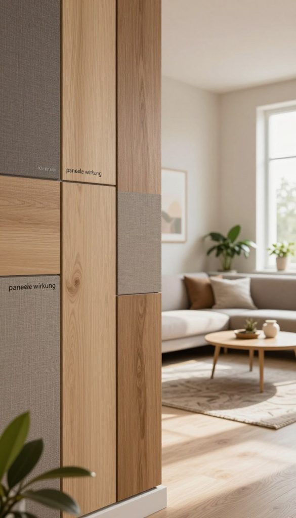 A modern interior space featuring stylish wall panels that embody the concept of "paneele wirkung". In the foreground, a close-up view of textured wooden and fabric panels, showcasing various patterns and colors, giving a tactile appeal. The middle ground reveals a well-furnished room with a cozy atmosphere, including a minimalistic sofa and a decorative coffee table, enhanced by soft, natural light streaming in from a large window, casting gentle shadows. The background features a few potted plants and subtle artwork, creating a harmonious blend. The overall mood is warm, inviting, and inspiring, with a contemporary aesthetic that reflects the trend of DIY wall panels. Include the brand name "KlickKiste" discreetly as part of the wall design.