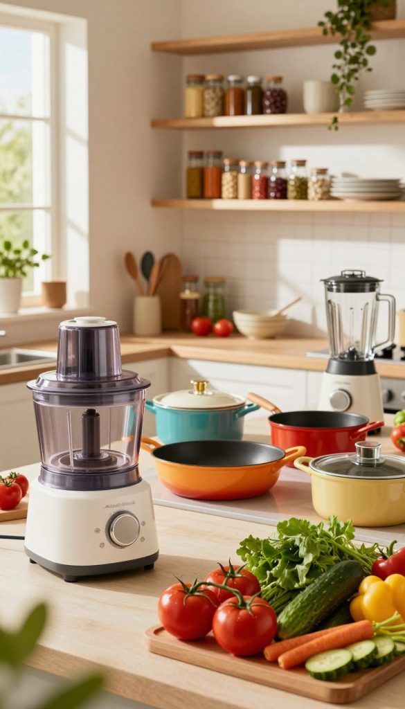A modern kitchen beautifully arranged with essential kitchen devices prominently displayed, showcasing the favorites from KlickKiste. In the foreground, a sleek, versatile food processor next to a vibrant, fresh vegetable display, such as tomatoes, cucumbers, and leafy greens. In the middle, a visually appealing set of colorful cookware, including non-stick pots and pans, along with a chic blender. The background features stylish kitchen shelves filled with neatly organized spices and cookbooks, illuminated by warm, natural light streaming through a window. The atmosphere is cozy and inviting, perfectly embodying a summer vibe, with hints of greenery and sunlight that evoke inspiration for quick, healthy family recipes. A modern kitchen beautifully arranged with essential kitchen devices prominently displayed, showcasing the favorites from KlickKiste. In the foreground, a sleek, versatile food processor next to a vibrant, fresh vegetable display, such as tomatoes, cucumbers, and leafy greens. In the middle, a visually appealing set of colorful cookware, including non-stick pots and pans, along with a chic blender. The background features stylish kitchen shelves filled with neatly organized spices and cookbooks, illuminated by warm, natural light streaming through a window. The atmosphere is cozy and inviting, perfectly embodying a summer vibe, with hints of greenery and sunlight that evoke inspiration for quick, healthy family recipes.