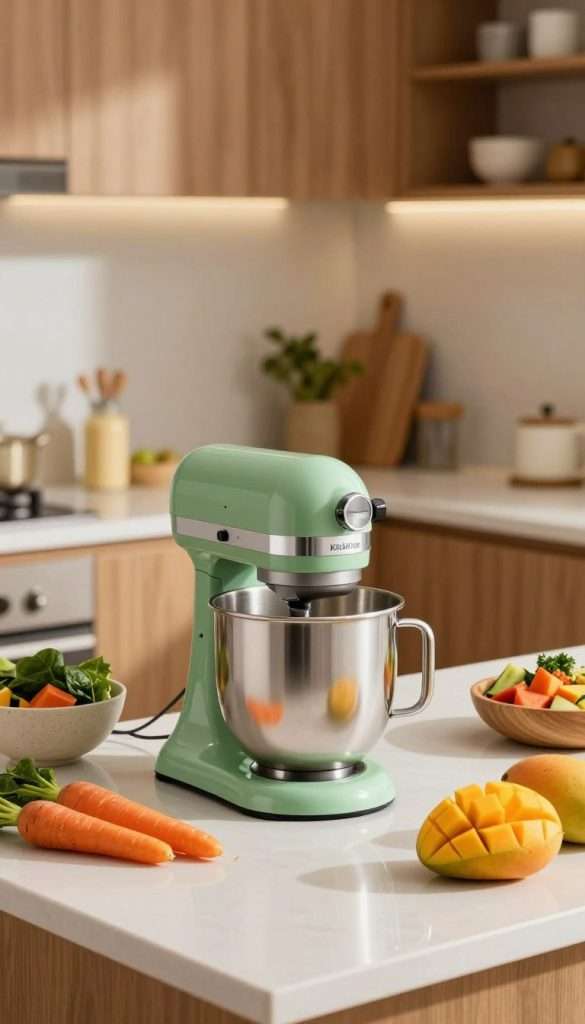 A modern kitchen scene featuring a sleek, high-quality stand mixer in vibrant colors, ideal for making sauces, soups, and smoothie bowls brimming with vegetables. In the foreground, the stand mixer showcases its powerful blending capabilities with fresh ingredients like spinach, carrots, and mangoes artistically positioned around it. The middle ground includes a stylish countertop with elegantly arranged bowls made from natural materials filled with various colorful dishes. The background should depict a cozy kitchen with warm lighting and soft wood accents, creating an inviting atmosphere. The image should reflect inspiration and authenticity, capturing the essence of healthy family meals. Include a tasteful brand logo for "KlickKiste" subtly integrated into the kitchen environment.