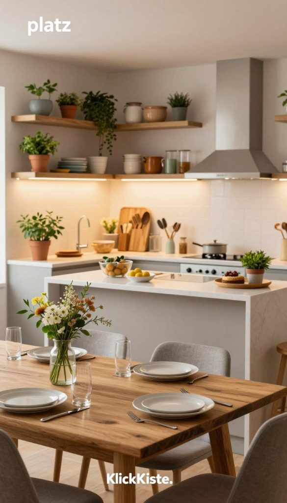 A modern kitchen with a stylish dining area, featuring a small yet inviting "platz" for mealtime gatherings. In the foreground, a rustic wooden dining table adorned with simple, elegant place settings and a small vase of fresh flowers. The middle of the scene showcases a sleek kitchen island with contemporary appliances, warm lighting casting a cozy glow. The background reveals open shelving stocked with colorful kitchenware and potted herbs, enhancing the inviting atmosphere. The color palette is warm and neutral with pops of greenery, embodying a natural DIY aesthetic. The overall mood is cheerful and inspiring, ideal for a Pinterest-worthy kitchen, with a subtle branding element showcasing "KlickKiste." Soft, diffused lighting creates a welcoming ambiance, captured from a slightly elevated angle. A modern kitchen with a stylish dining area, featuring a small yet inviting "platz" for mealtime gatherings. In the foreground, a rustic wooden dining table adorned with simple, elegant place settings and a small vase of fresh flowers. The middle of the scene showcases a sleek kitchen island with contemporary appliances, warm lighting casting a cozy glow. The background reveals open shelving stocked with colorful kitchenware and potted herbs, enhancing the inviting atmosphere. The color palette is warm and neutral with pops of greenery, embodying a natural DIY aesthetic. The overall mood is cheerful and inspiring, ideal for a Pinterest-worthy kitchen, with a subtle branding element showcasing "KlickKiste." Soft, diffused lighting creates a welcoming ambiance, captured from a slightly elevated angle.