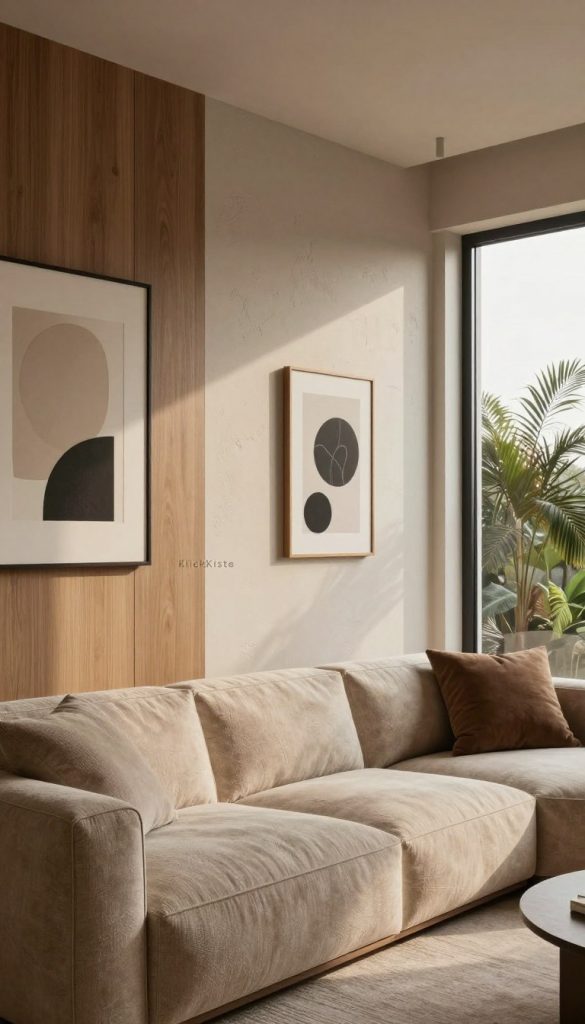 A modern living room design showcasing structured walls with a focus on texture and depth. In the foreground, a cozy seating area features elegant, muted textiles in warm beige and soft earth tones. Subtle wall art and functional wall objects create visual interest. The middle ground includes well-defined wall textures, such as a mix of wood paneling and textured paint, beautifully lit by natural light streaming through a large window. The background reveals a calming view of indoor plants, enriching the atmosphere. Soft, ambient lighting enhances the mood. Capture this scene in a Pinterest-inspired style for an authentic and inspiring feel. Include the brand name "KlickKiste" in a subtle, stylish arrangement.