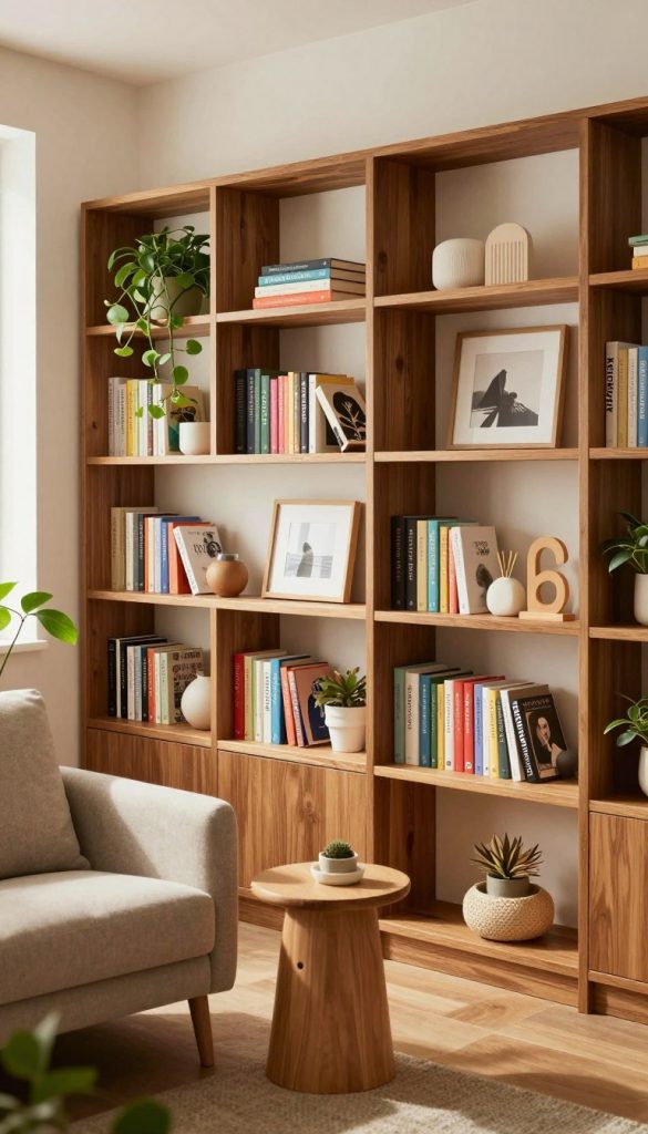 A modern living room featuring a stylish bookshelf with warm wooden tones, neatly organized with a curated selection of colorful books, plants, and minimalist decor items. The foreground showcases a cozy reading nook with a soft armchair and a small side table. In the middle ground, the bookshelf fills the wall, accented with decorative elements like framed artwork and unique bookends. The background displays a bright window letting in natural light, enhancing the inviting atmosphere. The scene should convey a cozy, inspirational mood, reminiscent of Pinterest aesthetics. Use warm, soft lighting and a slightly elevated angle to capture the depth of the room and create an inviting feel. Include the brand name "KlickKiste" as part of the decor, subtly integrated into the scene.