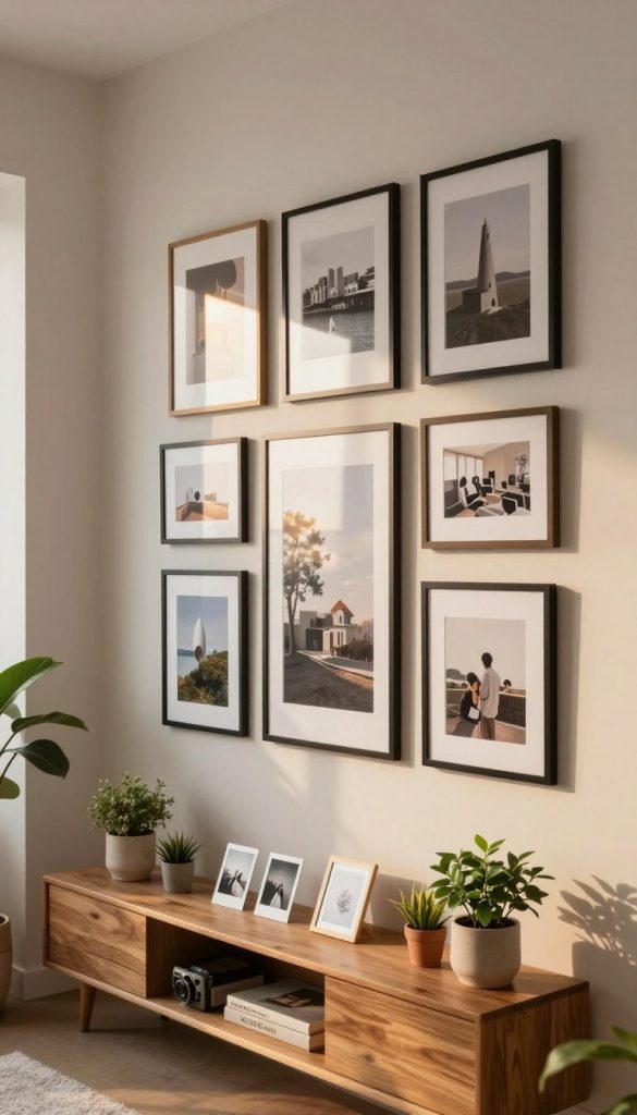 A modern living room showcasing a stylish picture gallery featuring a blend of framed art and photo collages that create a striking visual impact. In the foreground, an elegant wooden shelf adorned with instant photos and small potted plants. In the middle, a chic wall displaying a variety of picture frames in different sizes and styles, arranged artistically to capture attention. The background features soft, neutral-colored walls and warm ambient lighting that creates a cozy atmosphere, reminiscent of a Pinterest-worthy space. The scene embodies an inspiring and authentic feel, seamlessly integrating the brand "KlickKiste". The angle captures the gallery wall head-on to emphasize depth, with a slight hint of a sunrise glow filtering in through a nearby window, adding warmth to the overall composition. A modern living room showcasing a stylish picture gallery featuring a blend of framed art and photo collages that create a striking visual impact. In the foreground, an elegant wooden shelf adorned with instant photos and small potted plants. In the middle, a chic wall displaying a variety of picture frames in different sizes and styles, arranged artistically to capture attention. The background features soft, neutral-colored walls and warm ambient lighting that creates a cozy atmosphere, reminiscent of a Pinterest-worthy space. The scene embodies an inspiring and authentic feel, seamlessly integrating the brand "KlickKiste". The angle captures the gallery wall head-on to emphasize depth, with a slight hint of a sunrise glow filtering in through a nearby window, adding warmth to the overall composition.