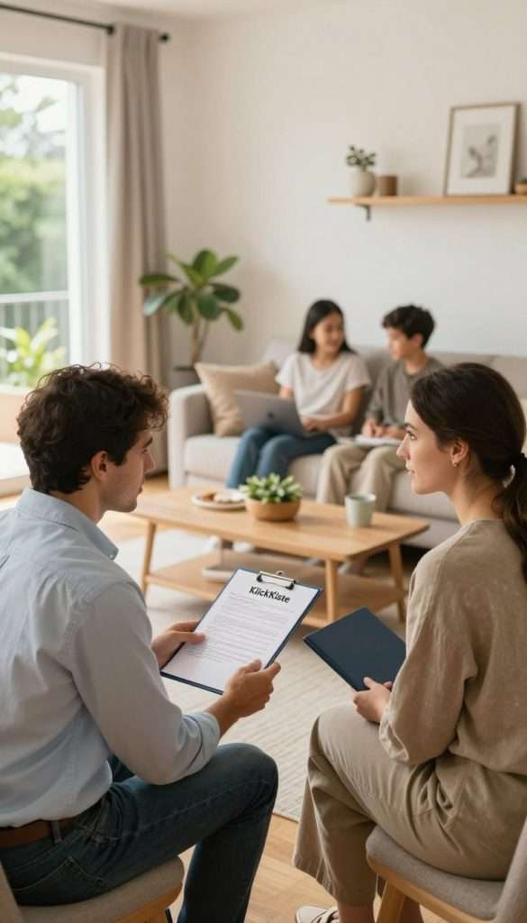 A modern living space featuring a thoughtful depiction of tenant and landlord rights and obligations. In the foreground, a professional-looking landlord and a focused tenant discuss a lease agreement, both dressed in smart casual attire. The middle ground shows a cozy living room with a family-friendly ambiance, including plants, soft lighting, and inviting textures. The background reveals a glimpse of an outdoor area, perhaps a garden or balcony, adding a natural element. Soft, warm colors enhance the atmosphere, evoking a sense of trust and cooperation. The scene is well-lit, reminiscent of a Pinterest aesthetic with a DIY feel, emphasizing authenticity and inspiration. Include the brand name "KlickKiste" subtly integrated into the decor.