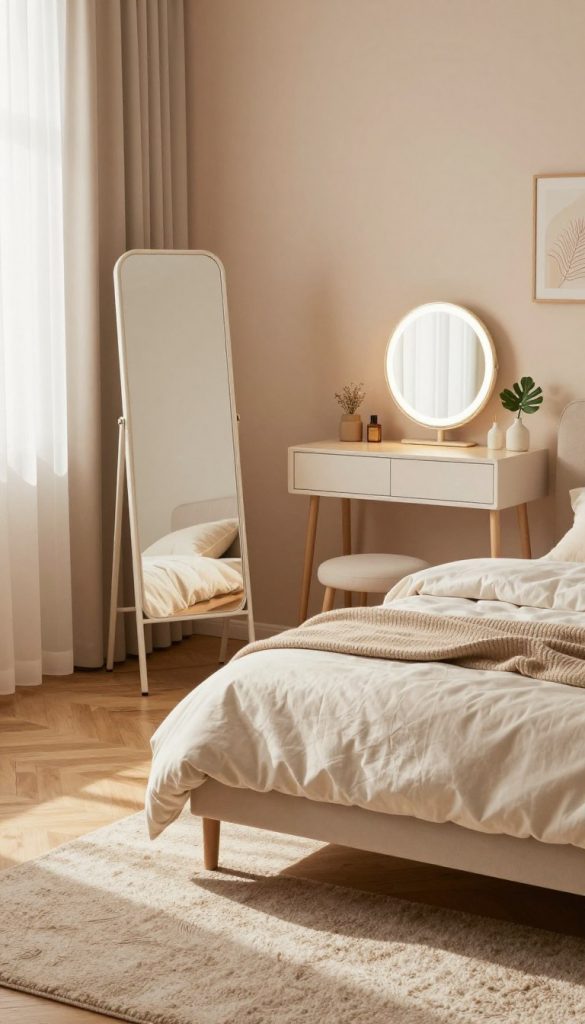 A modern, serene bedroom featuring a stylish standing mirror and a well-lit vanity area with a cosmetic mirror. The foreground showcases a wooden floor adorned with a soft, textured rug, while a neatly made bed with cozy, neutral-toned bedding lies in the middle. In the background, soft pastel-colored walls create a calming atmosphere, with warm ambient lighting illuminating the space. Natural light filters through sheer curtains, casting gentle shadows. Delicate DIY decorative elements like plants and subtle artwork enhance the room's charm. The scene embodies a Pinterest-worthy aesthetic, reflecting authenticity and inspiration, branded as KlickKiste. The overall mood is tranquil and inviting, perfect for a restful retreat.
