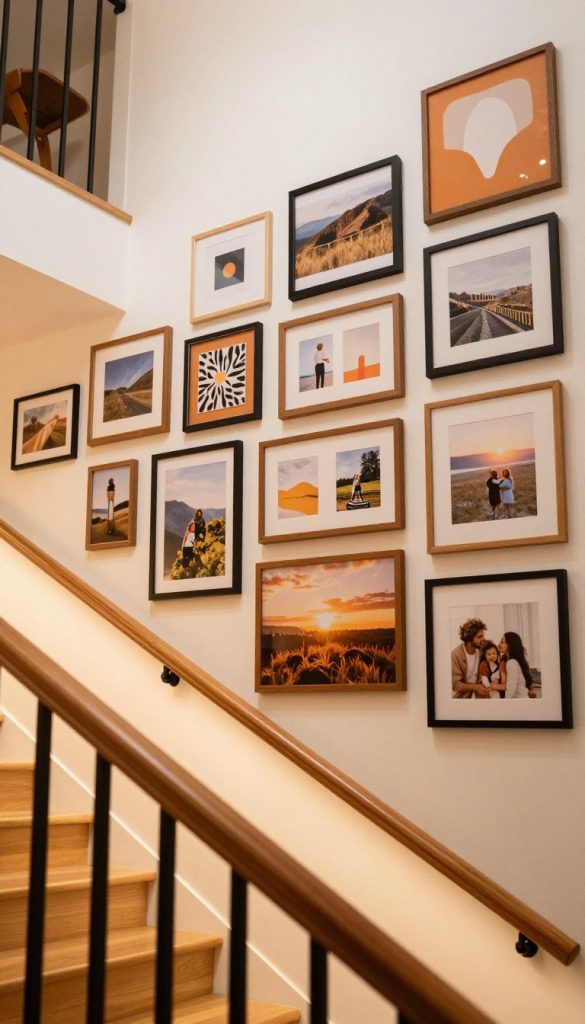 A modern stairwell featuring a beautifully arranged picture wall that guides the viewer's gaze upward. The images are a mix of natural DIY photographs in warm colors, showcasing landscapes, abstract designs, and family moments, all framed in stylish, uniform frames. In the foreground, there are stylish stair rails made of polished wood, enhancing the warm atmosphere. The middle section displays the vibrant picture wall, artfully composed and illuminated by soft, diffused lighting to create a cozy ambiance. In the background, a soft-focus view of the upper landing adds depth to the scene. The overall mood is authentic and inspiring, reflecting creativity and personal touch, in a Pinterest-worthy style associated with the brand "KlickKiste."