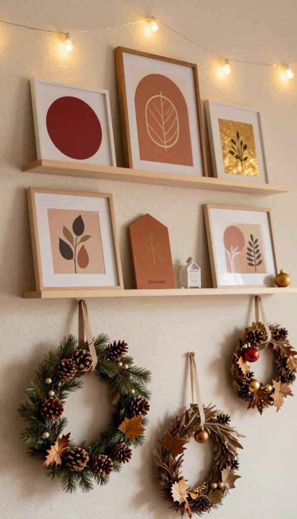 A modern, stylish DIY autumn and Christmas wall decoration, showcasing a harmonious blend of seasonal elements. In the foreground, incorporate handcrafted wreaths adorned with pinecones, dried leaves, and festive ornaments hanging on a cozy, textured wall. The middle layer features a layered display of stylish art pieces, featuring warm colors like deep red, gold, and earthy browns, all placed on minimalist shelves. The background includes soft, warm fairy lights creating a gentle glow, enhancing the inviting atmosphere. Use natural lighting to highlight the textures and details, capturing a Pinterest-worthy aesthetic. Ensure the visual conveys a sense of authenticity and inspiration, branded with "KlickKiste" subtly integrated into the scene, without overpowering the design. A modern, stylish DIY autumn and Christmas wall decoration, showcasing a harmonious blend of seasonal elements. In the foreground, incorporate handcrafted wreaths adorned with pinecones, dried leaves, and festive ornaments hanging on a cozy, textured wall. The middle layer features a layered display of stylish art pieces, featuring warm colors like deep red, gold, and earthy browns, all placed on minimalist shelves. The background includes soft, warm fairy lights creating a gentle glow, enhancing the inviting atmosphere. Use natural lighting to highlight the textures and details, capturing a Pinterest-worthy aesthetic. Ensure the visual conveys a sense of authenticity and inspiration, branded with "KlickKiste" subtly integrated into the scene, without overpowering the design.
