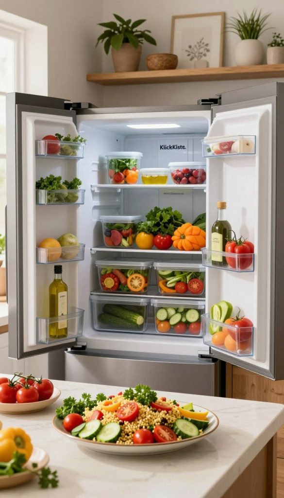 A modern, well-organized kitchen featuring a sleek, open refrigerator filled with vibrant, fresh ingredients ideal for preparing a couscous salad. In the foreground, a beautifully arranged platter of colorful vegetables and herbs, such as cherry tomatoes, cucumbers, and fresh parsley, sits on a cream-colored marble countertop. The refrigerator door is partially open, showcasing neatly stacked containers of prepared ingredients and a bottle of olive oil. Soft, natural lighting filters in from a nearby window, creating a warm ambiance that emphasizes the freshness of the food. The background displays cozy kitchen decor with wooden shelves, houseplants, and subtle hints of the brand "KlickKiste." The overall mood is inviting and inspirational, encouraging healthy meal prep.