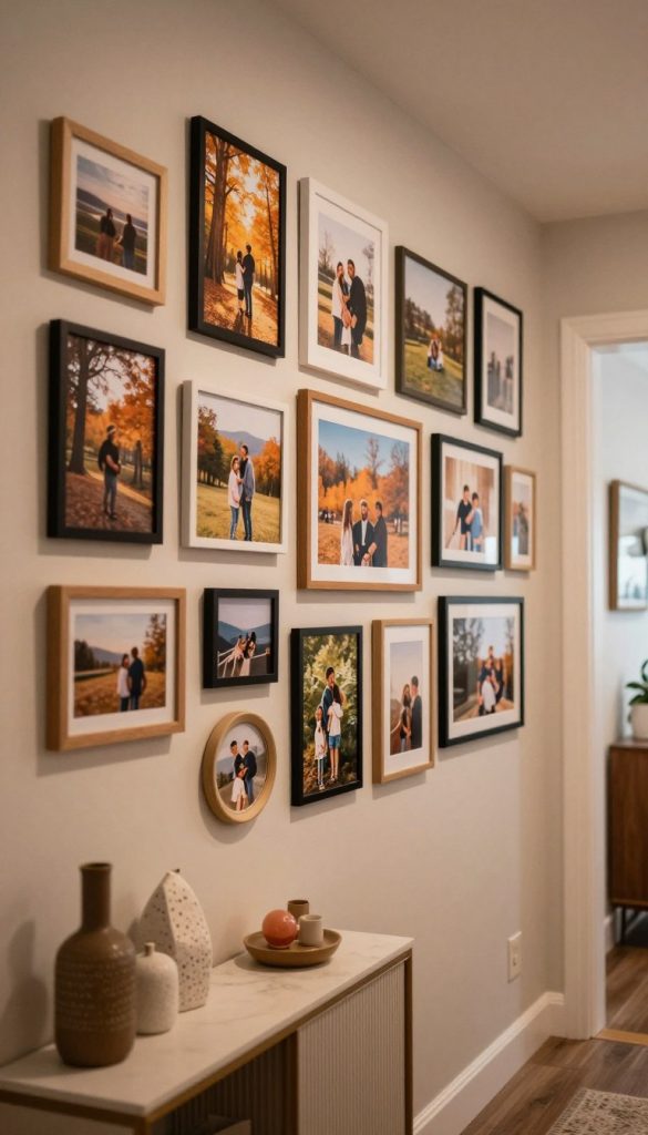 A narrow hallway adorned with a modern photo wall, featuring an eclectic mix of warm-toned DIY images that evoke a cozy, Pinterest-inspired aesthetic. In the foreground, a stylish console table with decorative items complements the stylish display of framed photographs hung on the wall, varying in shapes and sizes. The middle section showcases the vibrant collection of photos, capturing moments of nature, family, and art in a harmonious arrangement. Soft, diffused lighting enhances the warm color palette, creating an inviting atmosphere. The walls are painted in a subtle neutral tone, allowing the photo wall to stand out. KlicKiste furniture is subtly integrated into the scene, contributing to the overall design without distracting from the photo wall. The angle is slightly elevated, providing a comprehensive view of the hallway's atmosphere and design.
