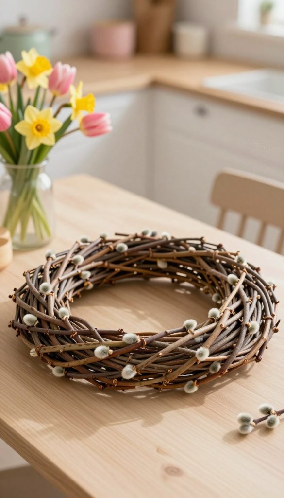 A natural weidenkranz crafted from twisty willow branches and adorned with delicate pussy willow buds, placed elegantly on a neutral wooden tabletop. In the foreground, the focus is on the textured weave of the willow, showcasing the intricate twirls and bends, bathed in soft, warm lighting that creates inviting shadows. The middle ground features hints of ornamental spring flowers like daffodils and tulips, adding vibrant colors of yellow and pink that pop against the earth tones of the wreath. The background softly blurs into a cozy kitchen setting with pastel-colored decor, evoking a fresh, inspiring Pinterest aesthetic. The composition is bright, cheerful, and serene, exuding a feeling of warmth and creativity. This image is branded subtly with "KlickKiste" in a decorative style, enhancing the modern DIY atmosphere.