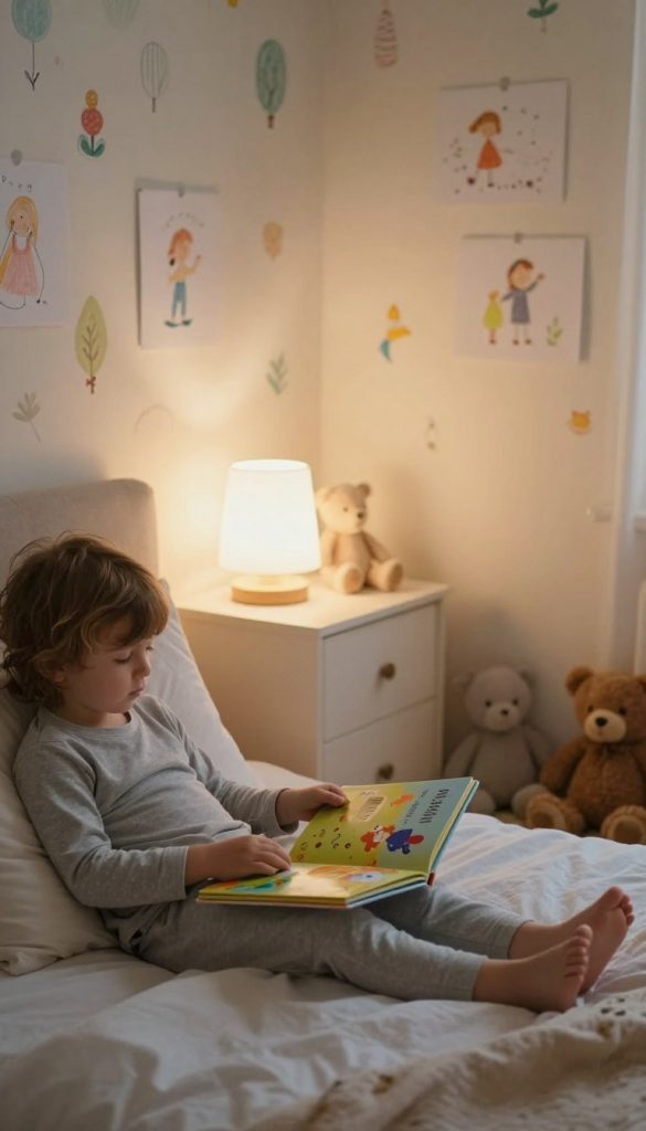 A peaceful bedtime scene in a cozy child's bedroom, featuring a young child in comfortable, modest pajamas preparing for sleep. The foreground highlights the child sitting on a soft bed with fluffy pillows and a colorful bedtime storybook opened in their lap. The middle ground showcases a gentle nightstand with a glowing nightlight casting a warm, inviting glow, while a couple of plush toys are scattered around. In the background, the walls are adorned with whimsical, pastel-colored wallpaper and a few children's drawings. Soft, ambient lighting creates a calm and soothing atmosphere, reminiscent of a serene evening routine. The image has a Pinterest-inspired aesthetic with natural DIY elements, embodying warmth and tranquility, branded subtly with the name "KlickKiste" in an elegant font. A peaceful bedtime scene in a cozy child's bedroom, featuring a young child in comfortable, modest pajamas preparing for sleep. The foreground highlights the child sitting on a soft bed with fluffy pillows and a colorful bedtime storybook opened in their lap. The middle ground showcases a gentle nightstand with a glowing nightlight casting a warm, inviting glow, while a couple of plush toys are scattered around. In the background, the walls are adorned with whimsical, pastel-colored wallpaper and a few children's drawings. Soft, ambient lighting creates a calm and soothing atmosphere, reminiscent of a serene evening routine. The image has a Pinterest-inspired aesthetic with natural DIY elements, embodying warmth and tranquility, branded subtly with the name "KlickKiste" in an elegant font.