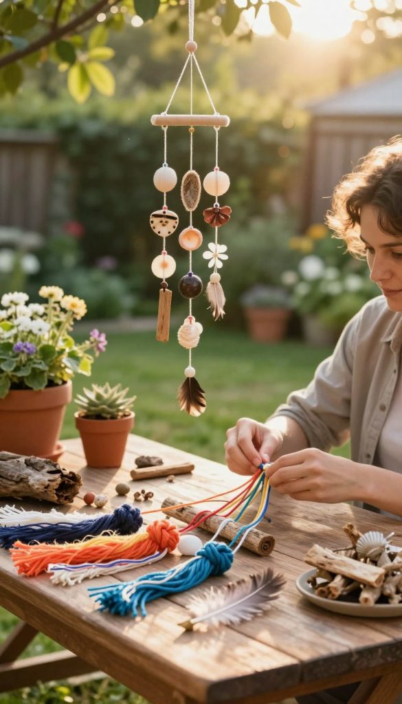 A peaceful outdoor setting where a person is preparing a DIY wind chime using natural materials. In the foreground, a wooden table is filled with vibrant, colorful twine, shells, driftwood, and feathers, with hands skillfully tying materials together. In the middle ground, a person, dressed in casual attire, is focused on their craft, surrounded by pots of greenery and blooming flowers. The background features a lush garden with soft sunlight filtering through leaves, creating a warm, inviting atmosphere. The scene captures an authentic, inspiring DIY spirit suitable for gardening enthusiasts. The overall mood is serene and creative, reflecting the brand KlickKiste. Aim for a soft-focused, warm lighting effect to enhance the natural beauty.
