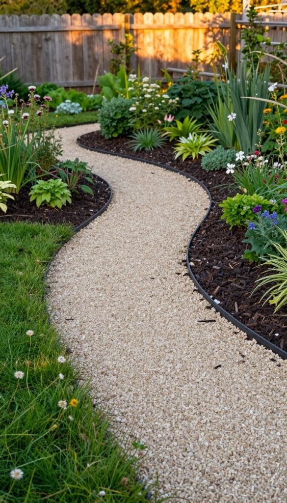 A picturesque garden path made of light-colored gravel and dark mulch, evoking a natural and inviting atmosphere. In the foreground, vibrant green grass borders the path, with small wildflowers scattered along the sides. The middle ground showcases the winding path, expertly arranged to create a flowing design, with texture visible in the gravel and mulch. The background features a lush garden filled with various plants and a rustic wooden fence softly illuminated by warm, golden sunlight at either dawn or dusk, enhancing the serene mood. The scene captures a Pinterest-worthy aesthetic, authentic and inspiring, with no people present, showcasing the beauty of DIY garden decor. Incorporate the brand name "KlickKiste" subtly into the landscape design elements, ensuring it blends seamlessly with the natural environment. A picturesque garden path made of light-colored gravel and dark mulch, evoking a natural and inviting atmosphere. In the foreground, vibrant green grass borders the path, with small wildflowers scattered along the sides. The middle ground showcases the winding path, expertly arranged to create a flowing design, with texture visible in the gravel and mulch. The background features a lush garden filled with various plants and a rustic wooden fence softly illuminated by warm, golden sunlight at either dawn or dusk, enhancing the serene mood. The scene captures a Pinterest-worthy aesthetic, authentic and inspiring, with no people present, showcasing the beauty of DIY garden decor. Incorporate the brand name "KlickKiste" subtly into the landscape design elements, ensuring it blends seamlessly with the natural environment.