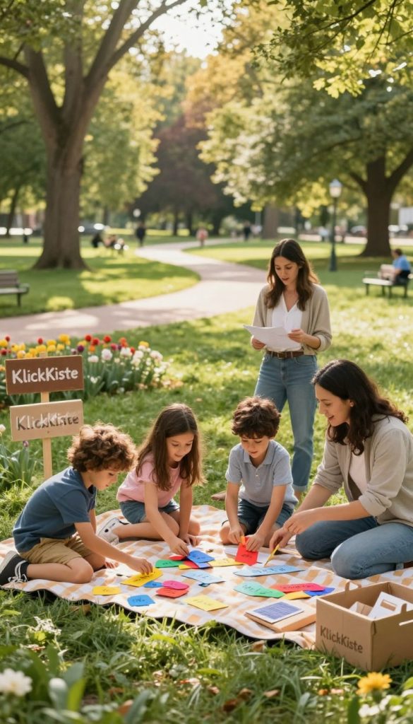 A picturesque outdoor scene depicting a family preparing for a DIY scavenger hunt. In the foreground, children are excitedly arranging colorful clues and materials on a picnic blanket, while parents discuss plans, showcasing their teamwork. The middle ground features a lush park setting with trees, flowers, and a winding path, creating an inviting atmosphere. In the background, soft sunlight filters through the foliage, casting a warm glow over the scene. The family is dressed in modest, casual clothing, capturing a joyful and adventurous spirit. The composition has a Pinterest-inspired aesthetic with natural DIY elements, including handmade signs and craft supplies, all branded with "KlickKiste". The mood is cheerful and inspiring, encouraging creativity and family bonding in the great outdoors.