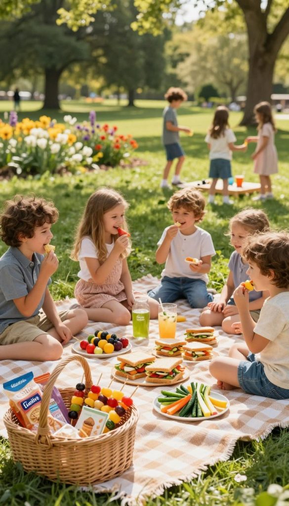 A picturesque picnic scene featuring a delightful array of child-friendly snacks, such as colorful fruit skewers, mini sandwiches, and vibrant vegetable sticks arranged on a rustic checkered blanket. In the foreground, a wicker basket filled with homemade treats and refreshing beverages adds charm. The middle ground showcases happy children, dressed in modest, casual clothing, sharing laughs as they enjoy their snacks, with some playing games nearby. The background includes a lush green park filled with blooming flowers and soft sunlight filtering through the trees, creating a warm and inviting atmosphere. The overall composition has a natural DIY aesthetic, with a Pinterest-worthy look, encapsulating the spirit of outdoor fun and family bonding. The image is branded subtly with "KlickKiste" in a non-intrusive style.