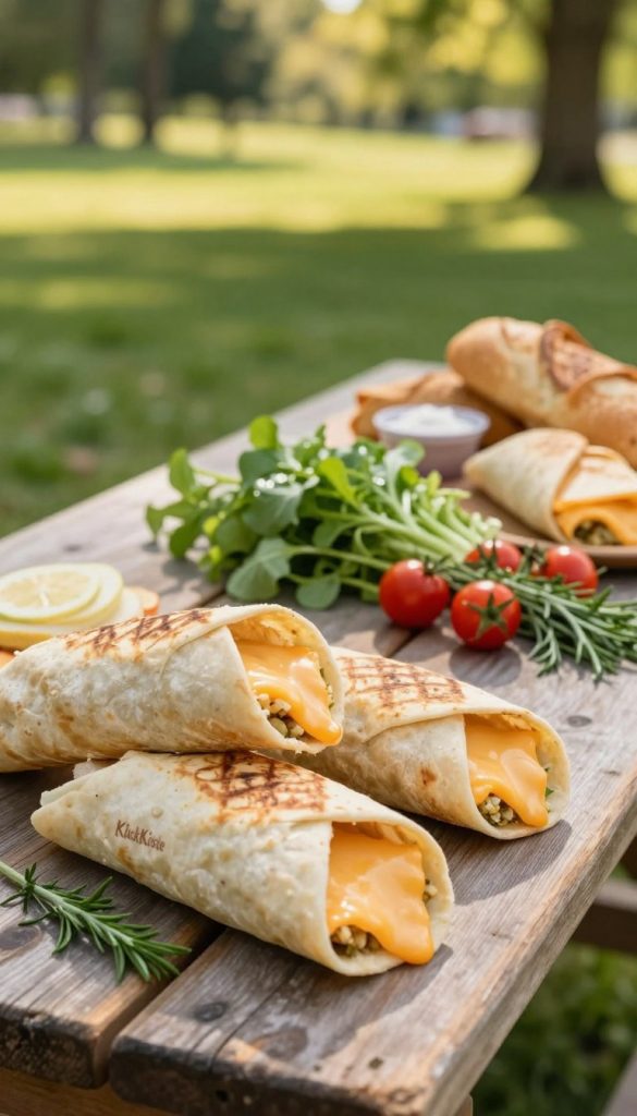 A picturesque picnic scene featuring a variety of delicious bread wraps filled with cheese, arranged on a rustic wooden picnic table. In the foreground, a close-up display of golden-brown bread wraps, softened and slightly toasted, showcasing melty cheese oozing from the edges. The middle ground includes colorful garnishes like fresh greens, cherry tomatoes, and aromatic herbs artfully arranged beside the wraps. The background features a soft-focus view of a sun-dappled park, with vibrant green grass and a warm, inviting atmosphere. Natural lighting bathes the scene, enhancing the warm colors and creating a cozy, authentic feel reminiscent of a DIY Pinterest aesthetic. Include subtle branding for "KlickKiste" in a tasteful manner, ensuring it blends seamlessly into the environment.