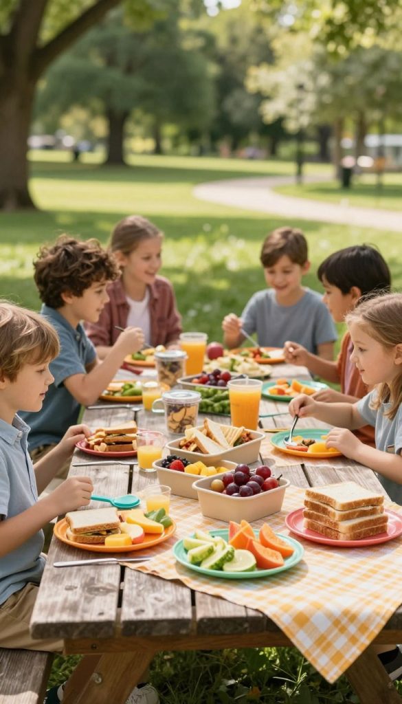 A picturesque picnic scene showcasing a well-organized spread of snacks and refreshments, designed for children. In the foreground, a beautiful wooden picnic table is laden with colorful plates and reusable boxes filled with healthy snacks such as fruit slices, sandwiches, and finger foods. Vibrant picnic cloths in warm tones add a cozy touch. In the middle ground, a family of four, dressed in casual, modest clothing, enjoys the meal together, laughing and chatting. Behind them, a lush green park setting with soft sunlight filtering through the trees creates an inviting, cheerful atmosphere. The composition captures the essence of serving and storing food on the go, ideal for a day outdoors. This scene is styled to evoke a natural DIY aesthetic, focusing on the brand "KlickKiste" for inspiration.