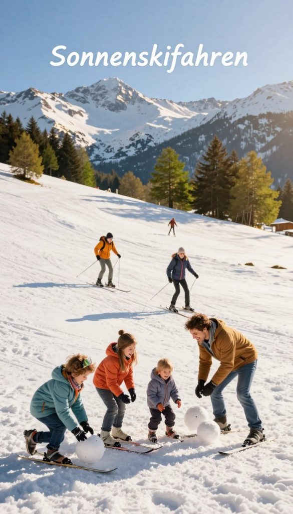 A picturesque scene of "Sonnenskifahren" during the Easter holidays, showcasing a family enjoying a sunny day on the slopes. In the foreground, a cheerful family of four, dressed in colorful, modest winter attire, is making snowballs and laughing together. In the middle ground, skiers glide down gentle slopes under clear blue skies, surrounded by snow-covered mountains glistening in warm sunlight. The background features vibrant green alpine trees peeking through the white snow, suggesting the transition from winter to spring. The atmosphere is joyful and inviting, with soft, golden sunlight illuminating the scene, creating a sense of warmth and harmony. The overall composition reflects a natural DIY aesthetic with warm colors and an authentic Pinterest-inspired look, branded with "KlickKiste" subtly integrated into the scenery.