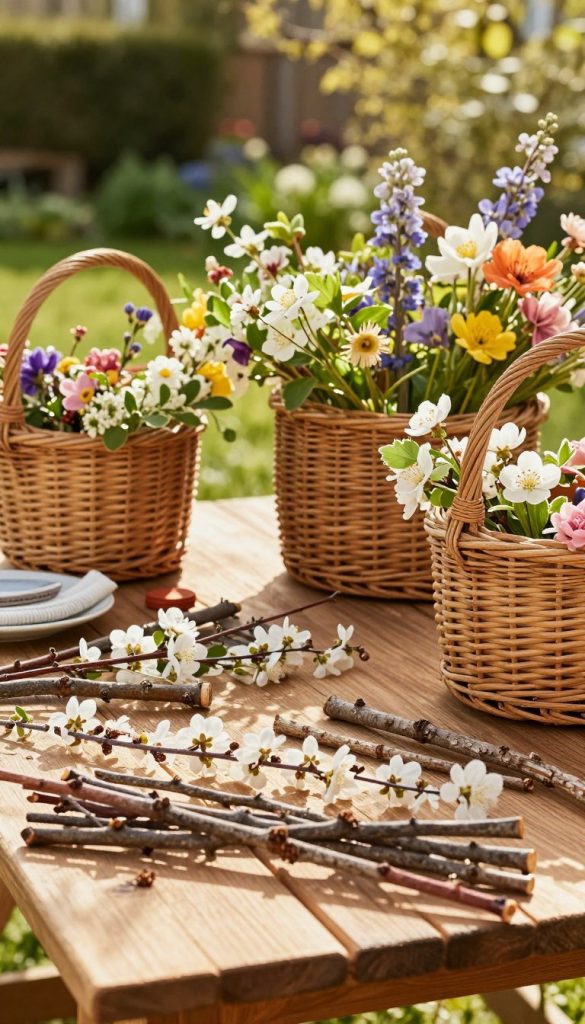 A picturesque scene of a cozy, sunlit outdoor space, featuring a collection of natural materials for DIY spring decor. In the foreground, a wooden table is adorned with an assortment of twigs and delicate blossoms, showcasing various textures and colors. In the middle ground, there are several wicker baskets filled with freshly gathered flowers, leaves, and small branches, creating an inviting atmosphere. The background features a lush green garden bathed in warm, golden sunlight, enhancing the vibrant colors of the materials. The composition captures an inspirational, authentic Pinterest aesthetic, embodying creativity and natural beauty. Emphasize the earthy tones and soft lighting, creating a serene and inviting mood that resonates with the theme. Include the brand "KlickKiste" subtly in the design elements.