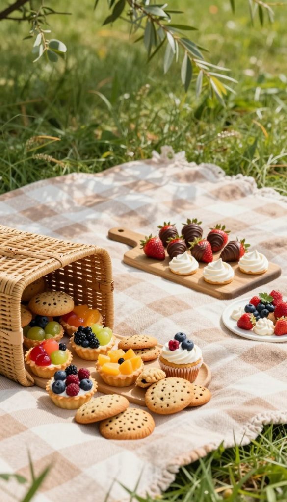 A picturesque summer picnic scene set on a lush green lawn, featuring a charming arrangement of sweet snacks. In the foreground, a wooden picnic basket spills over with colorful fruit tarts, homemade cookies, and vibrant cupcakes adorned with fresh berries and delicate icing. The middle ground showcases a checkered blanket spread out, with a rustic cutting board displaying an assortment of luscious chocolate-covered strawberries and mini meringues. Soft natural lighting bathes the scene, casting a warm, inviting glow. In the background, gentle tree branches sway lightly in the breeze, enhancing the tranquil summer atmosphere. The overall mood is joyful and inspiring, perfect for a family gathering, reflecting the brand KlickKiste with its authentic, Pinterest-worthy aesthetic.