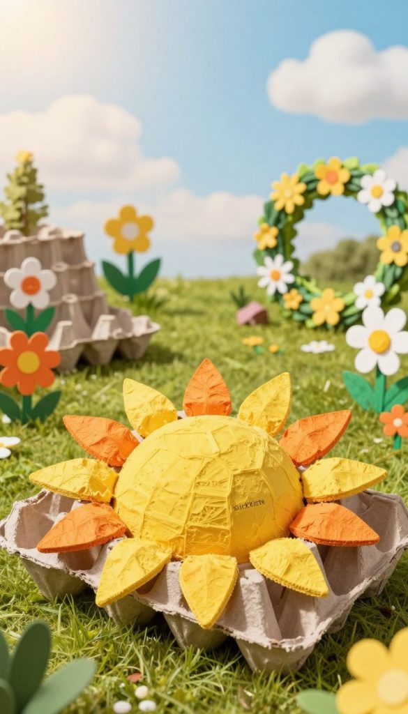 A playful and colorful arrangement of a sun made from recycled egg cartons, featuring bright yellow and orange hues, with petals crafted into flowers surrounding it. The foreground displays the sun prominently, its rays extending outward, while the middle ground features a vibrant garden scene made from various upcycled carton projects like daisies and a wreath. In the background, a soft, sunny sky with fluffy white clouds enhances the cheerful atmosphere. The lighting is warm and natural, evoking a DIY aesthetic with a Pinterest-inspired look. The scene embodies creativity and inspiration, ideal for children's spring craft projects, with the brand name "KlickKiste" subtly incorporated into the design concept.
