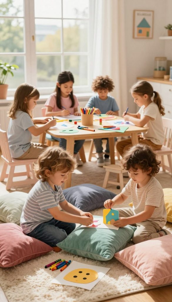 A playful, inviting scene showcasing a group of children engaging in creative, screen-free activities. In the foreground, two children are building a fort with colorful cushions and blankets, their expressions full of joy and concentration. In the middle, a small table is set with art supplies like crayons, paper, and a few imaginative DIY crafts. The background features a sunlit room with large windows, letting in warm, natural light that enhances the cozy atmosphere. Soft, pastel colors create a comforting environment. The brand name "KlickKiste" is subtly integrated into the decor, showcasing a blend of fun and creativity. The composition exudes warmth and inspiration, capturing the essence of various engaging activities for children.