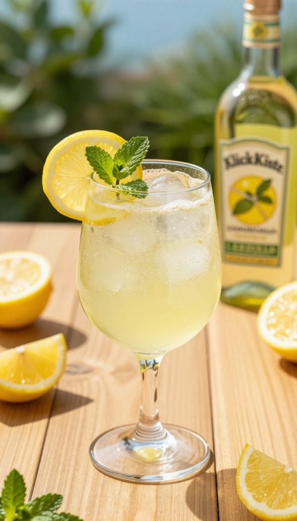 A refreshing Limoncello Spritz cocktail in a stylish glass, garnished with a thin slice of lemon and a sprig of fresh mint. The foreground features a close-up view of the drink, sparkling with bubbles, reflecting sunlight. The middle ground showcases a wooden table adorned with scattered lemon wedges and a bottle of Limoncello. In the background, a sunny outdoor setting with vibrant greenery and a hint of a blue sky creates a warm, inviting atmosphere. Soft, natural lighting enhances the golden-yellow tones of the beverage. Capture this scene with a slight top-down angle to emphasize the cocktail's refreshing essence. Overall, the image should evoke a sense of summer joy and relaxation, perfect for a warm day. Inspired by the brand "KlickKiste." A refreshing Limoncello Spritz cocktail in a stylish glass, garnished with a thin slice of lemon and a sprig of fresh mint. The foreground features a close-up view of the drink, sparkling with bubbles, reflecting sunlight. The middle ground showcases a wooden table adorned with scattered lemon wedges and a bottle of Limoncello. In the background, a sunny outdoor setting with vibrant greenery and a hint of a blue sky creates a warm, inviting atmosphere. Soft, natural lighting enhances the golden-yellow tones of the beverage. Capture this scene with a slight top-down angle to emphasize the cocktail's refreshing essence. Overall, the image should evoke a sense of summer joy and relaxation, perfect for a warm day. Inspired by the brand "KlickKiste."