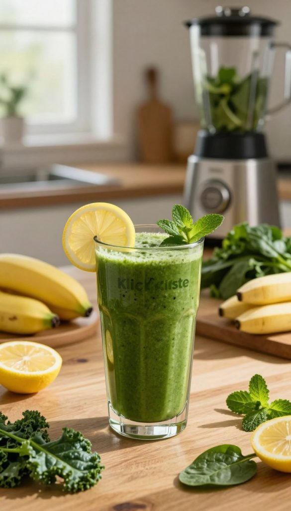 A refreshing and vibrant green smoothie served in a beautifully designed glass with a sleek, modern aesthetic. The foreground features the glass filled with a thick, velvety smoothie, rich in green colors from fresh spinach, kale, and ripe bananas. Surrounding the glass are garnishes like a slice of lemon and a sprig of mint, adding a pop of color. In the middle background, a wooden table with fresh ingredients—whole fruits, leafy greens, and a blender—creates a cozy kitchen atmosphere. Soft, natural lighting filters through a nearby window, casting gentle shadows and highlighting the smoothie’s texture. The overall mood is inviting and health-conscious, embodying the essence of a smoothie bar experience. Captured with a shallow depth of field and a warm color palette, reflecting the brand "KlickKiste".