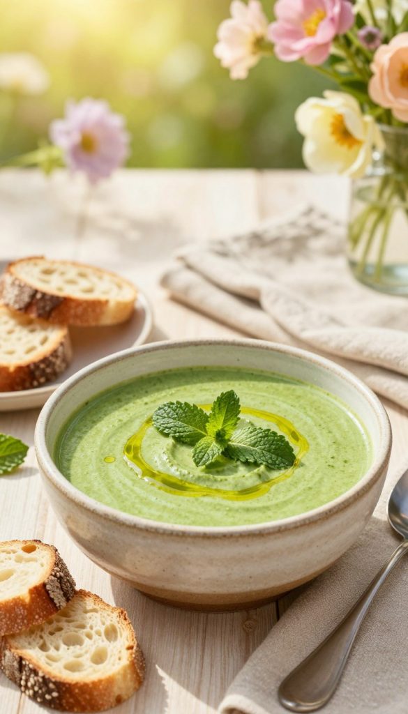 A refreshing bowl of kalte suppe minze, elegantly presented in a rustic, handmade ceramic bowl, sits at the forefront. The soup is vibrant green with fresh mint leaves floating on top, garnished with a drizzle of olive oil. Surrounding the bowl are artisan bread slices and a few sprigs of mint, creating a cozy, inviting scene. In the background, a sunlit outdoor table is adorned with soft linen napkins and delicate summer flowers in pastel hues. The lighting is warm and golden, evoking a cheerful summer day. The composition captures the mood of relaxation and enjoyment, epitomizing light summer dishes. The overall aesthetic reflects a natural DIY vibe with rich colors, perfect for a Pinterest look. Brand name: KlickKiste.